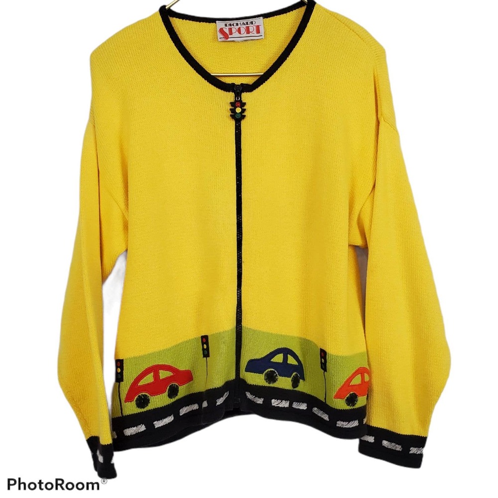 Vintage Zippered Knitted Jacket  by Richard Sport. Traffic Scene with Cars
